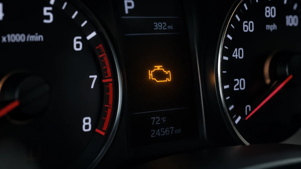 Dark dashboard with an illuminated amber check-engine light