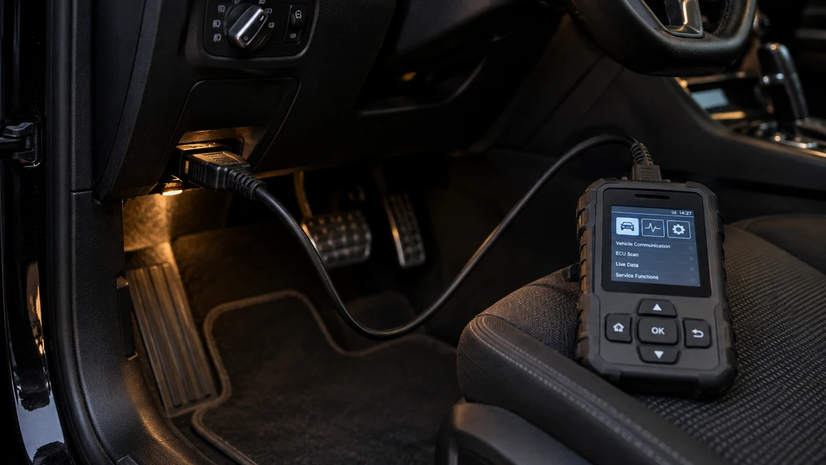 Diagnostic scan tool connected to a car's OBD port