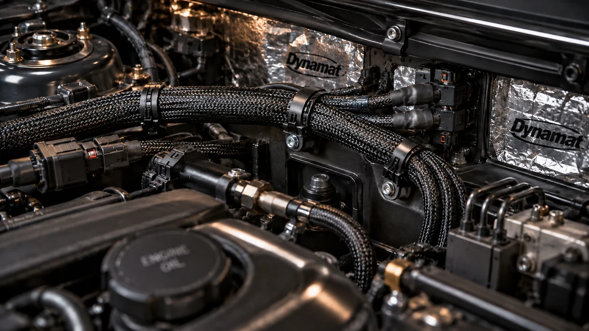 Close-up of a custom braided wiring harness in a Dynamat-treated engine bay